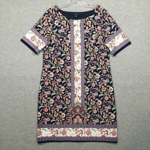 R&K‎ 12P Retro 70s Shift Dress Navy Blue Orange Floral Print Short Sleeve